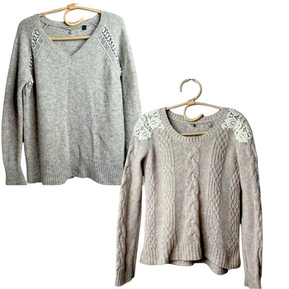 2 Anthro Knitted & Knotted Grey Wool Alpacas Sweaters Cable Knit Crochet Size XS - Picture 1 of 16